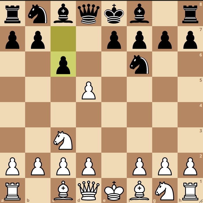 Chess opening,
Geschev Gambit, image of board after move 3, white to play.